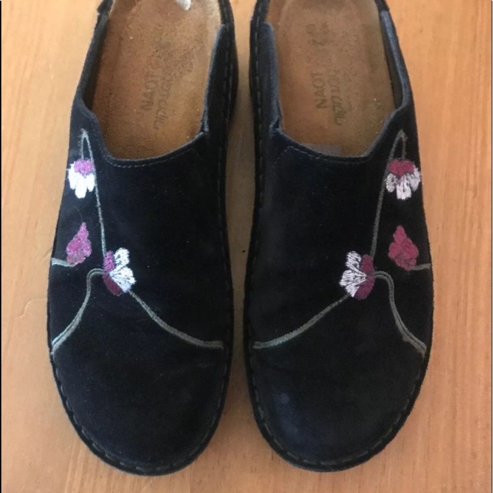 NAOT Black Suede Embroidered Clogs 9/39